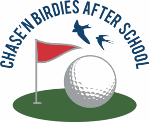 Logo for Chase'n Birdies After School with a 3D golf ball on grass, red golf flag, and silhouettes of birds in flight. Bold blue lettering displays 'CHASE'N BIRDIES'.